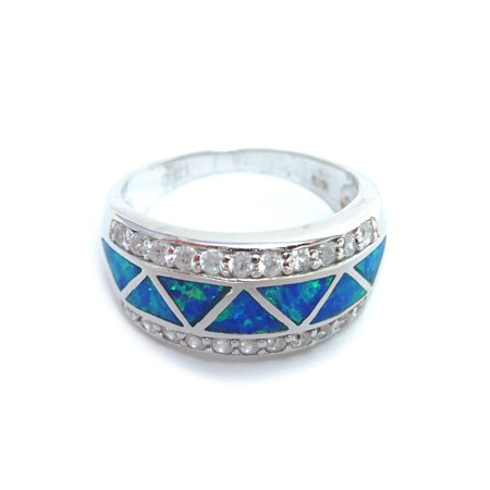 Blue Fire Opal Triangle Inlay with CZs Ring - Click Image to Close